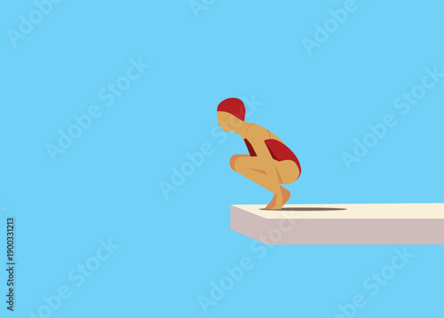 Female swimmer crouching on diving platform, preparing to jump into the pool. Minimalist flat illustration, top view sports concept, summer swimming competition.