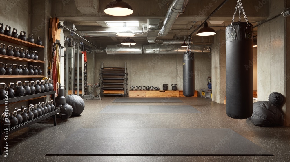 Obraz premium Gym with kettlebells, dumbbells, and punching bag