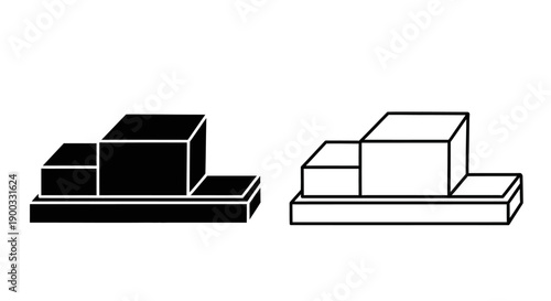 Vector black and white podium icon set, 3D winner pedestal or stage for product display, isolated on white