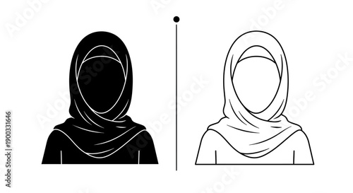 Muslim woman headscarf vector icon set. Black silhouette and outline drawing of a female wearing hijab, isolated on white