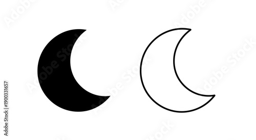 Black crescent moon icon and outline vector, sleep mode symbol, night time UI element isolated on white