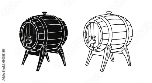 Vector wooden barrel with tap icon set, black silhouette and outline, isolated on white