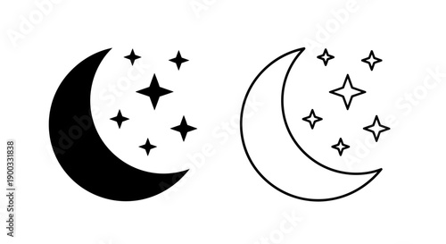 Black crescent moon and stars vector icon set, outline and solid fill, isolated on white