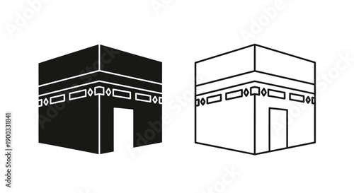 Kaaba vector icon set, black filled and outline line art, Islamic pilgrimage symbol isolated on white