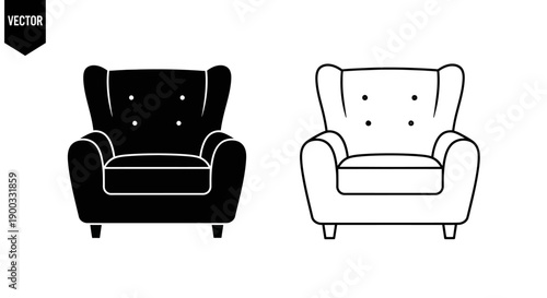 Black and white vector armchair icon set, upholstered wingback chair silhouette and outline, isolated on white