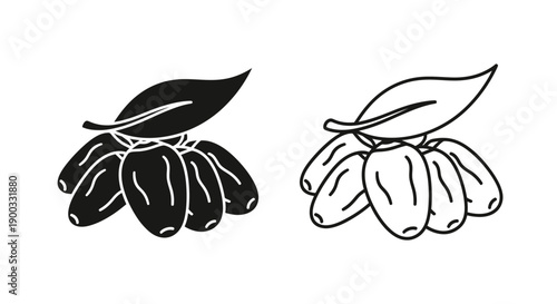 Date fruit bunch with leaf vector icon set. Black silhouette and outline line art illustration, isolated on white