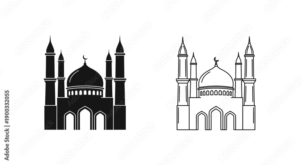 Fototapeta premium Mosque vector icon set, black silhouette and outline line art, Islamic architecture, isolated on white