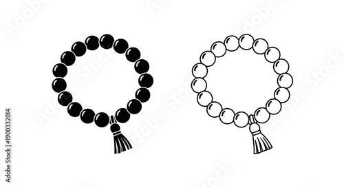 Vector black and white mala beads with tassel, prayer beads icon, rosary isolated on white
