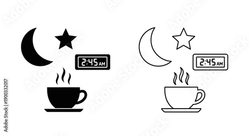 Vector black and white icons for late night or early morning coffee, moon, star, and digital clock showing 2:45 AM, isolated on white