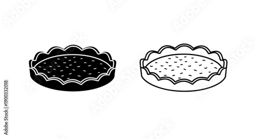 Vector black and outline tart pie baking dish icon set, empty fluted quiche pan isolated on white