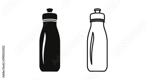 Black and white vector sports water bottle icon set, reusable fitness drink container, gym accessory isolated on white