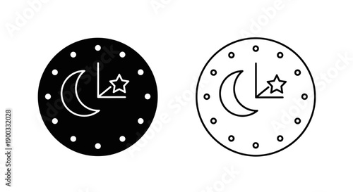 Black and white vector icon of moon and star in a circle, night time or sleep symbol, isolated on white