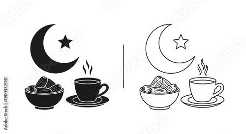 Ramadan Iftar meal vector icon with crescent moon, star, dates bowl, and hot coffee cup, black silhouette and outline, isolated on white