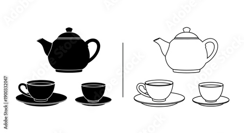 Vector black silhouette and outline line art teapot with two teacups and saucers, isolated on white