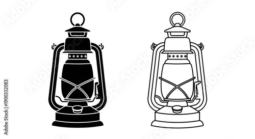 Vintage Kerosene Lantern Vector Icon Set, Black Silhouette and Outline Drawing, Camping Light Symbol isolated on white