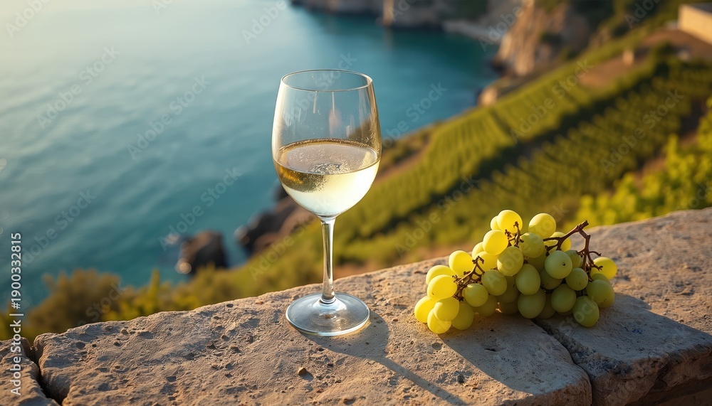 Fototapeta premium Glass of white wine and green grapes sit on stone ledge overlooking vineyard and sea. Scenic view evokes Mediterranean vacation relaxation. Perfect for travel or food content.