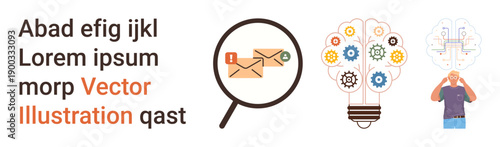 Email security, digital brainstorming, innovative ideas, teamwork, artificial intelligence, problem-solving. Visual elements include a magnifying glass over emails, a creative light bulb