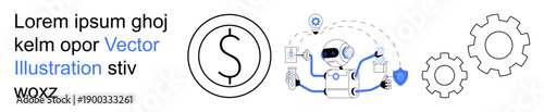Artificial intelligence, automation, fintech, machine learning, robotics, business analysis. Robot interacting with tools and currency symbol. AI and automation concepts illustrated