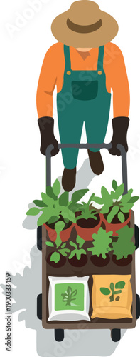 Pixel Art Gardener Pushing Cart With Seedlings and Fertilizer Bags