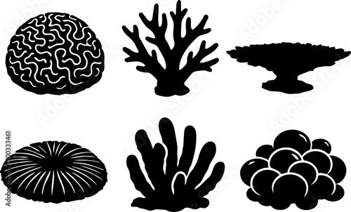Coral and Seaweed Silhouettes Set of 6 - Black Vector Underwater Ocean Icons