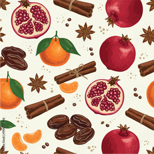 Pixel Art Fruit Pattern Festive Pomegranates Tangerines Cinnamon Sticks Spices