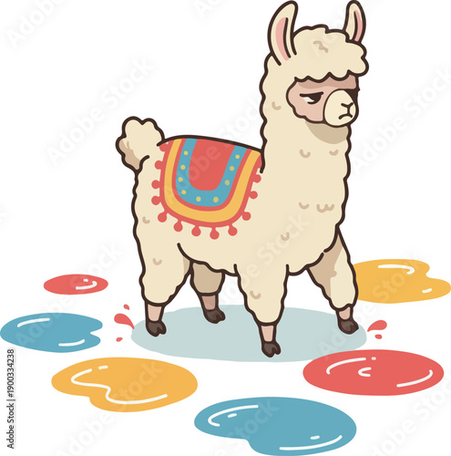 Pixel Art Llama Standing on Colorful Puddles Isolated Object Flat Design