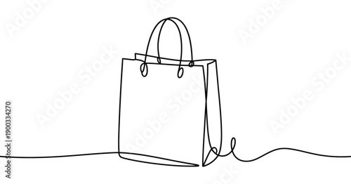 minimalist line art shopping bag icon on white background.