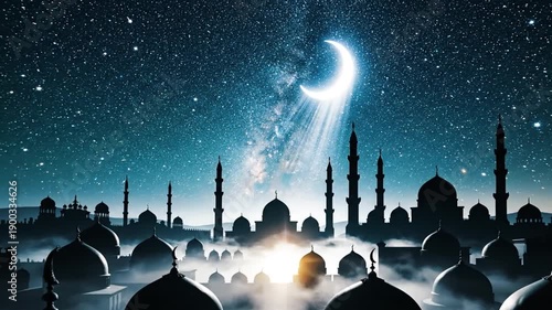 Night sky over silhouetted buildings illuminated by the moon and stars