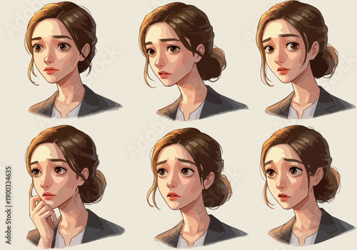 Pixel Art Portrait Asian Woman Worried Facial Expressions Gray Suit