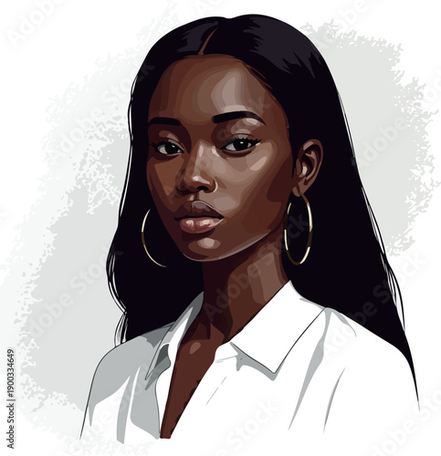 Pixel Art Portrait Young Black Woman Hoop Earrings White Shirt