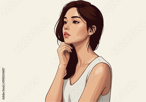 Pixel Art Portrait Young Woman Thoughtful Pose White Tank Top Light Background