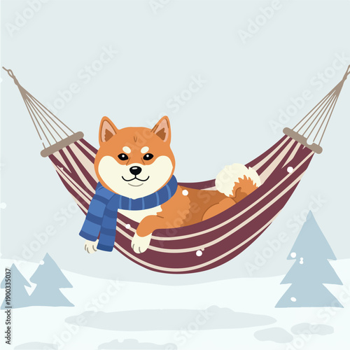 Pixel Art Shiba Inu Dog Relaxing in Hammock Winter Snow Scene