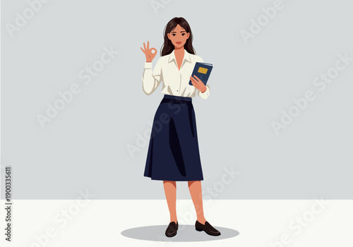 Pixel Art Woman Holding Book Gesturing OK Sign White Shirt Navy Skirt