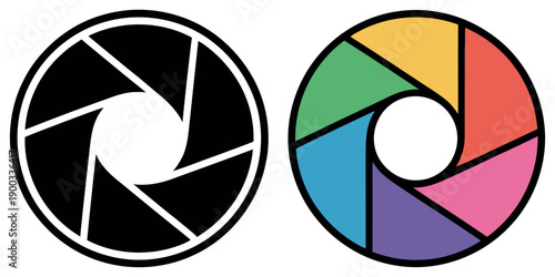 Camera aperture diaphragm icon shown both in solid black and vibrant multicolored segmented forms.