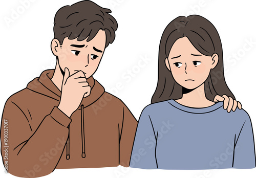 Sad Couple Comforting Each Other Brown Hoodie Blue Top Minimal Illustration