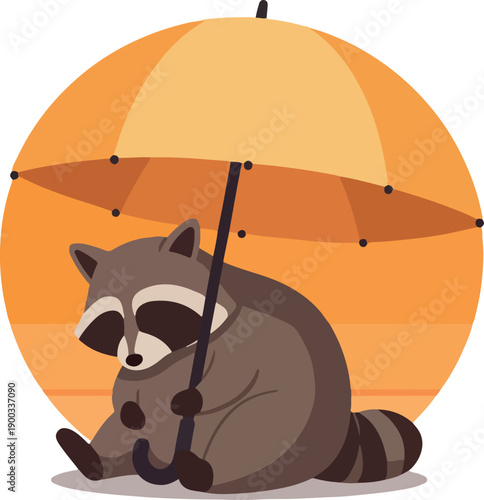 Sad Raccoon Sitting Under Umbrella Orange Sunset Minimalist Illustration