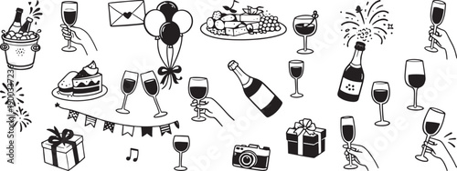 Hand Drawn Party Celebration Icons Set with Wine Glasses, Champagne Bottle, Gifts, Food Line Art