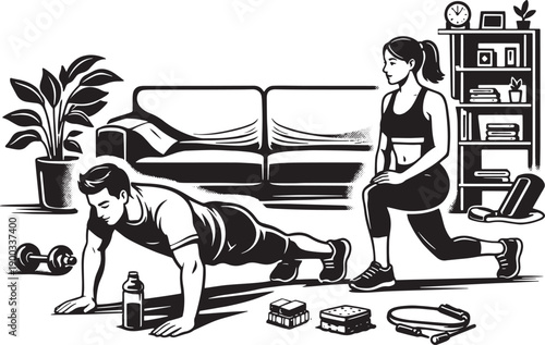 Home Workout Couple Training in Living Room with Dumbbells, Push Ups, Lunges, Fitness Vector