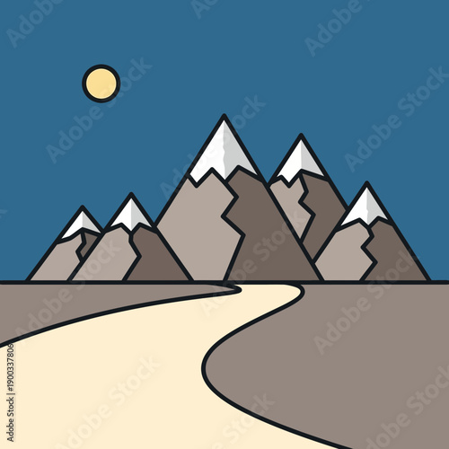 Flat design mountain range with winding road under moonlit sky