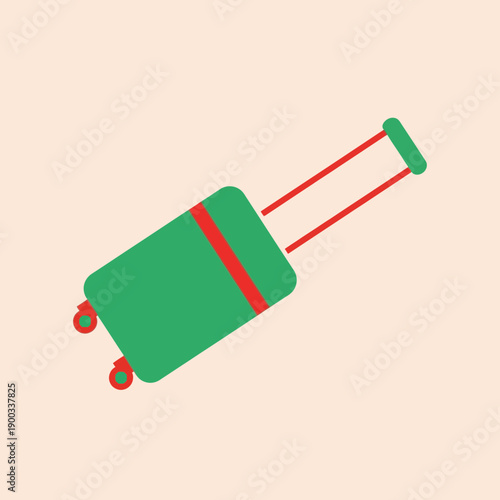 Green suitcase with red accents and wheels, on a light background.