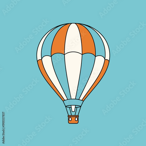 Hot air balloon, striped, orange, blue, white, on sky blue background