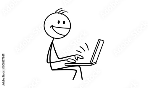 Stick Figure Character Smiling and Typing on a Laptop Computer