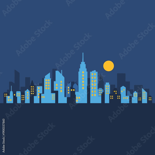 Modern city skyline at night with moon and illuminated windows