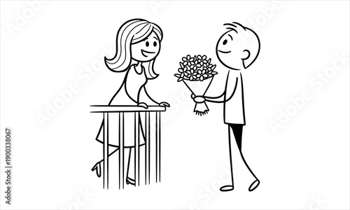 Stick Figure Couple Romantic Gesture With Flowers - Romantic Surprise