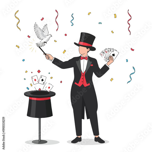 Magician Performing Tricks with Cards and Dove.