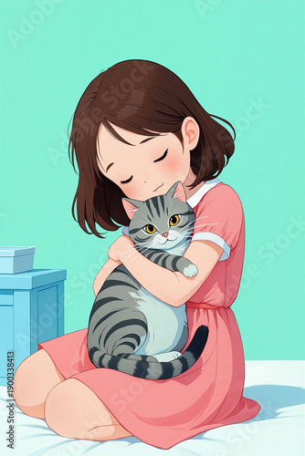 A young girl sits on a bed, embracing her gray striped cat while wearing a pink dress. Soft colors create a warm, serene atmosphere in the room. Anime illustration. Generative AI.