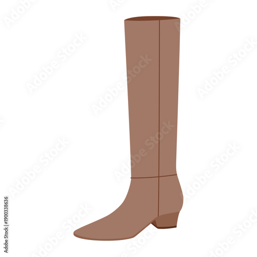 Brown classic block heel knee-high boot women flat pair. Smooth shaft with stacked heel city chic, polished style. Technical fashion illustration CAD mockup vector men unisex isolated glamorous style