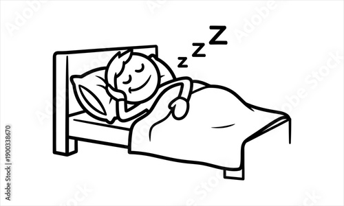 Stick Figure Sleeping in Bed, Rest and Relaxation Concept