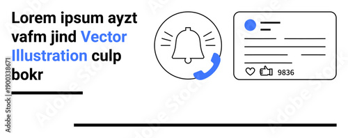 Notification systems, social media engagement, digital alerts, communication, user interaction, online platforms. Bell icon with a phone receiver and a social post display with icons. Notification
