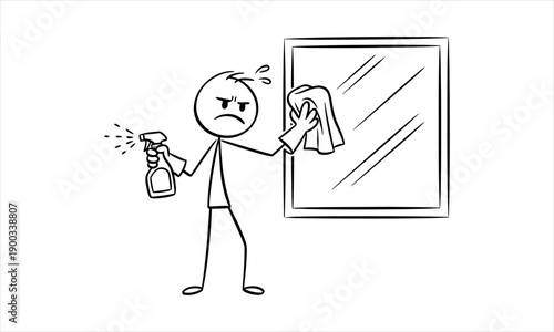 Annoyed Stick Figure Struggling to Clean a Streaky Mirror Surface